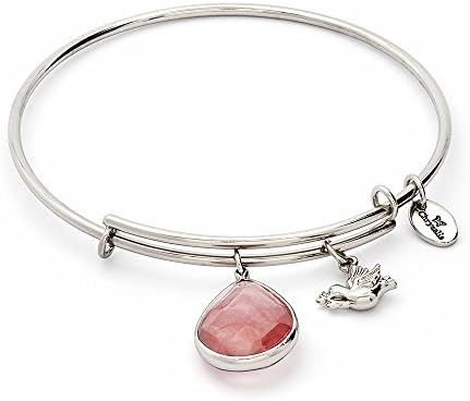 Chrysalis, October - Lunar Pink Tourmaline tear drop and dove charm expandable rhodium plate bangle. Wear your Pink Tourmaline Quartz charm to remember to always have hope.