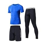 HDWY Adult Child Men's Quick Drying Sportswear Suit Professional Slim Morning Running Football Team Training Competition Sports Clothes T-Shirt Shorts Set (S-2XL) (Color : Blue, Size : S)