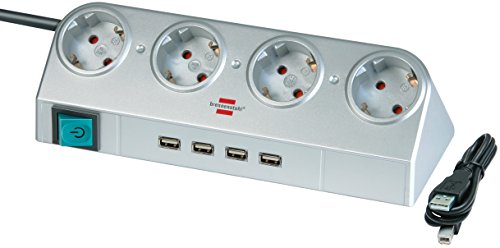 Brennenstuhl Desktop-Power, Steckdosenleiste 4-fach mit 4 x USB für den Schreibtisch (Tischsteckdose mit Schalter und 1,8m Kabel) Farbe: Silber