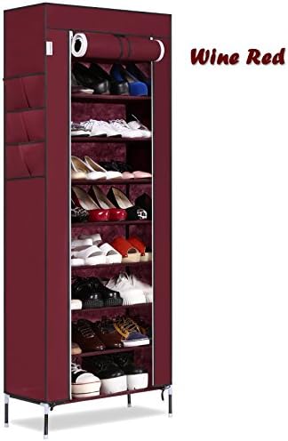 Oliote 10 Tier up to 30 Pairs Shoe Rack Cabinet Standing Storage Organizer Shoe Tower with Fabric Dustproof Cover Door, 60 x 30 x 168 cm (L x W x H) (Wine Red)