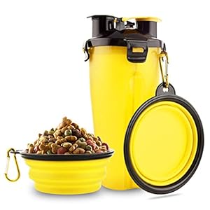 MATT SAGA Botella de Agua para Perros Portatil Envase de Comida para Perros con 2 Plegable Tazones para Perros Gatos Mascotas Adecuado para al Aire Libre Caminar Viajar (Amarillo)