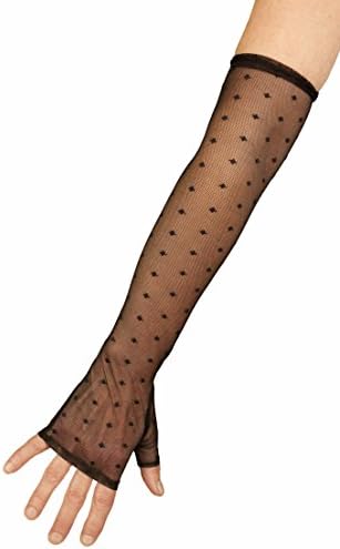 Ladies Long Black Tulle Fine Net Flock Polka Dot Fingerless Dress Evening Gloves Mittens