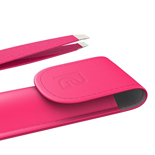 Tweezers With Case By PreciseGryp - Hand Finished Slant Tip - Stainless Steel - Sparkly Pink Eyebrow Tweezers For Women - Painless Splinter & Ingrown Hair Removal - Professional Tweezers For Eyebrows