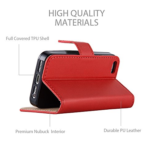 iPhone 5 / 5S / SE - New Flip Wallet Book [Stand View] Premium Leather Case Cover For Apple iPhone 5 / 5S /SE+ Screen Protector With Microfibre Polishing Cloth By Panaaz (Red)
