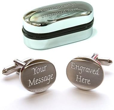 Personalised BEVELLED OVAL CHROME / SATIN Cufflinks with Personalised Presentation Chrome Case