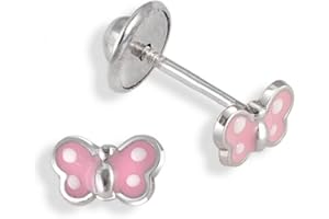 Turmalina - Pendientes bebe niña de Plata de Ley 925, pendientes de esmalte rosa con motivo de mariposa o estrella, tamaño de 7 x 4, de la marca de joyería Turmalina by Martina