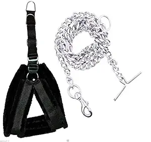 ADIOS 1 inch Nylon Padded Black Feather Dog Body Cross Harness Belt with Dog Chain 1.5m Lengthy Dog Harness & Chain.