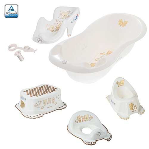 Preisvergleich Produktbild Babybadewanne (102cm) mit Stöpsel - Badewanne 102cm Badesitz WC-Sitz Töpfchen Hocker - Bärchen Weiß