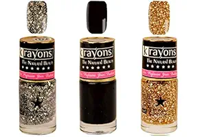 Krayons Gel Base Glossy Effect Nail Polish Enamel Color Combo of 3 Trendy Shades, 15ML Safe Dry Fast Collection For Women, Teens, Kids (BLACK SEA,SHIMMER SILVER,SHIMMER GOLDEN)( Pack Of 3 )