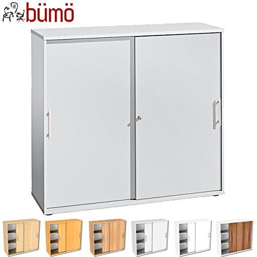 Bümö® Schiebetürenschrank mit Schloss | Aktenschrank abschließbar für Ordner | Büroschrank mit Schiebetüren für Akten in Grau