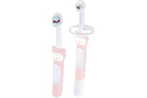 MAM Learn to Brush Set, Baby Zahnbürste mit langem Griff zum gemeinsamen Halten, Kinderzahnbürste trainiert das Zähneputzen, ab 5+ Monate, rosa