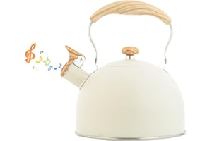 LOMUG Bollitore a Fischio, 2,5L Bollitore per Acqua a Flauto in Acciaio Inox Bollitore Induzione con Manico in Legno Bollitore da Campeggio Vintage per Cucina all'aperto Stufa a Gas Camino a Legna