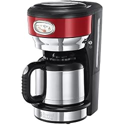 Russell Hobbs Machine à Café 1000W, Cafetière Filtre 1L Rétro Vintage, Isotherme, Rapide, Cuillère Dosette, Plaque Chaude - Rouge 21710-56