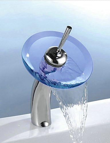 *-* Round Solid Brass Waterfall Sink Basin Faucet w/ Glass Spout - Silver + Translucent Blue