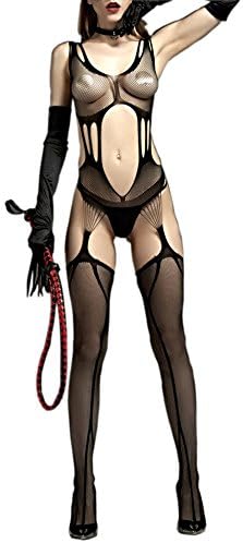 JJPUNK Women's Sexy Lingerie, Open Crotch Lace Hollow Strap Stocking Suspender Bodysuit Nightwear
