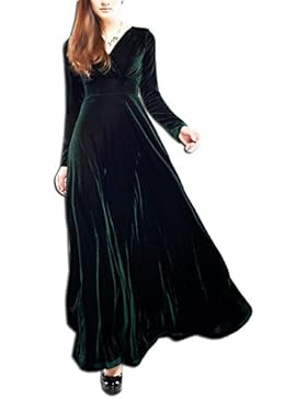 KAXIDY Damen Langes Kleid V-Ausschnitt Lange Langarm Samt Abendkleider Partykleider Cocktailkleider