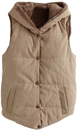 Women Girls Sleeveless Fleece Jacket Hooded Gilet Vest Winter Fur Warm Zipper Hoodie (M, Khaki)