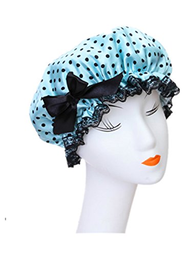Moolecole Fashion Women's Bow-knot Waterproof Double Layer Shower Cap Polka Dots Bathing Cap Spa Shower Hat Blue