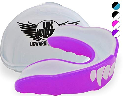Protector bucal UK Warrior "Vampire", para boxeo, artes marciales, karate, rugby y otros deportes de contacto - incluye casos - color Purple & White, tamaño niño