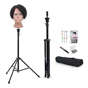 Reinforced Wig Stand Tripod Mannequin Head Stand, Adjustable Wig Head Stand Holder for Cosmetology Hairdressing Training with T-with Wig Caps, T-Pins, Comb, Hair Clip, Carrying Bag