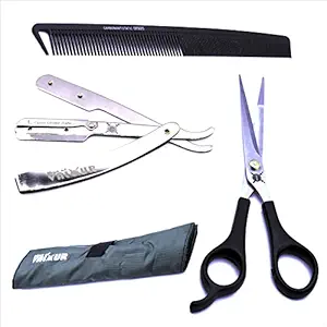 Man Of Valour Salon Accessories Tool Kit Combo 2 | Personal Hair Cutting Scissors With Comb For Men With Steel Razor (Ustara) and Tool Carry Pouch/Bag