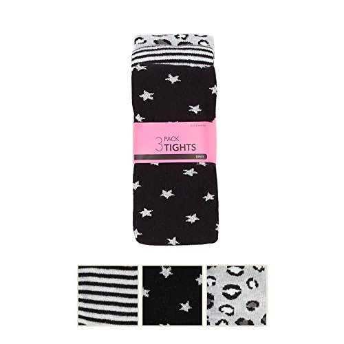 Bluezoo Kids Girls' Pack Of Three Grey And Black Patterned Print Tights Age 9-10
