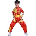Boys Girls Kung Fu Master Tai Chi Dragon Chinese Uniform Top Shirt Pants Set Outfit, Red, 5-6 Years
