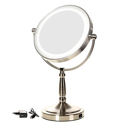 HIMRY® Slim LED Stand KosmetikSpiegel 8 Zoll 7x Vergrößerung, Batteriebetrieben oder mit EU-Stecker, beleuchtedte Standspiegel Kosmetikspiegel Tischspiegel, Make-Up, Rasieren, Badezimmer Spiegel, Spiegel 360 ° drehbar, doppelseitigen Standard und 7 Fach Vergrößerung, KXD3139-7x - 8