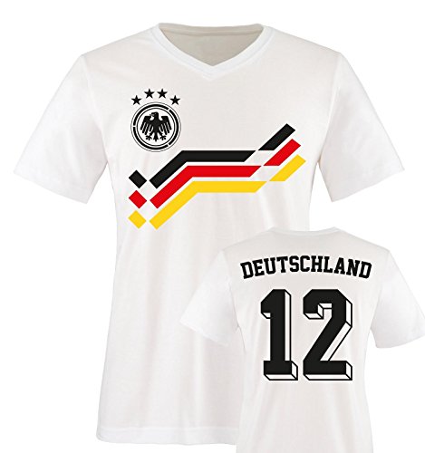 EM 2016 – RETRO-TRIKOT – DEUTSCHLAND – 12 – Herren V-Neck T-Shirt – Weiss / Schwarz-Rot-Gelb Gr. L