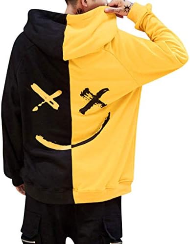 Mosstars Men Hoodie Pullover,Males Sale Fashion Teen's Smiling Face Print Coat Jacket Unisex Casual Sweatshirt Patchwork Oversize Pullover Jumper Black