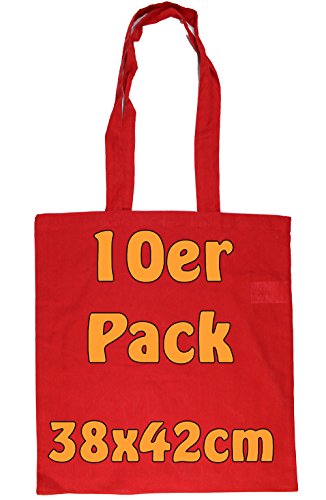 Baumwolltasche Jutebeutel unbedruckt mit zwei langen Henkeln rot 38x42cm 10 Stück