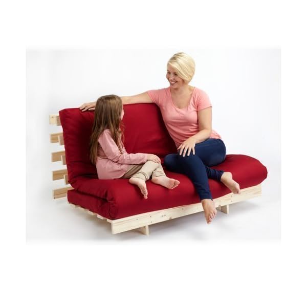 Changing Sofas Red Premier Cotton Twill Futon Double 4ft 6" Wood Base Frame 3 Seater Mattress Set Sofa Bed