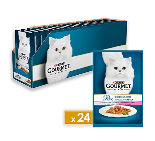 Gourmet Perle Aliment pour Le Chat, plaisirs du mer avec Poisson de l'océan et crevettes Entiers, 85 g - Lot de 24 pièces