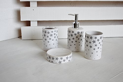 Badezimmer Set „Stars weiß“ 4tlg. Keramik Sterne weiss grau Seifenspender Seifenschale Zahnputzbecher Zahnbürstenhalter modern - 3