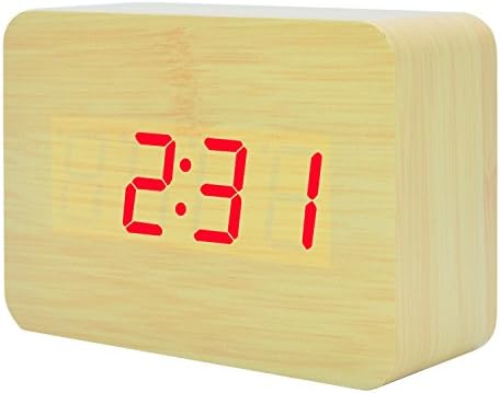 GANGHENGYU Electronic Wooden Alarm Clock LED Digital Time Temperature Date Alternate Display Desktop Home Bedroom Travel Clock with Sound Control Function (Bamboo Red Light)