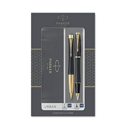Parker Urban Duo Coffret-cadeau avec Stylo Bille et stylo plume, Finition laquée Noire Ple avec attributs Or, Recharge et Cartouche d'encre bleue, Coffret-cadeau