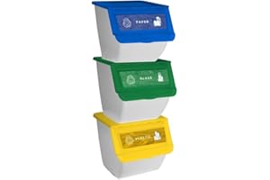 DRW Set 3 Cubos Basura Reciclaje apilables Organizador Vidrio, Papel, Plástico 36 litros Unidad 39x39x36 cm Unidad