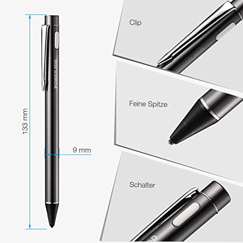 Poweradd elektronischer aktiver Stylus Stift, prÃ¤ziser aufladbarer Eingabestift kapazitiv mit dÃ¼nner Spitze, tolles GefÃ¼hl beim Spielen, Zeichnen und Schreiben auf Touchscreen Apple iPhone, iPad, iPad Mini, iPad Air 2, Handys, Smartphones Tablets, Grau