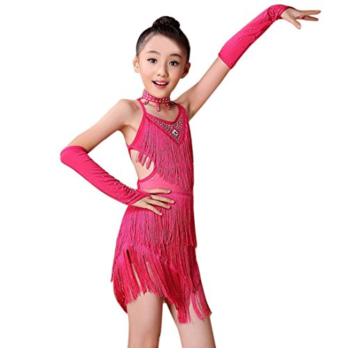 K-youth Ninas Borla Latino Vestido De Baile Vestido Danza Latina Niña Traje Baile Tango Salsa Deportivo Salón Ropa Niñas Borla Latín Practica Falda de Baile con Accesorios (Rosa Caliente, 2-3 años)