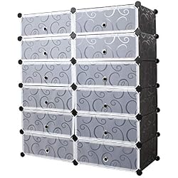 LEMAIJIAJU Armoire à Chaussures Meuble de Rangement pour 24 Paires de Chaussures 12 Cube Etagère à Chaussures Etagère de Rangement en Plastique 95 * 37 * 107cm Noire et Blanc Imprimée