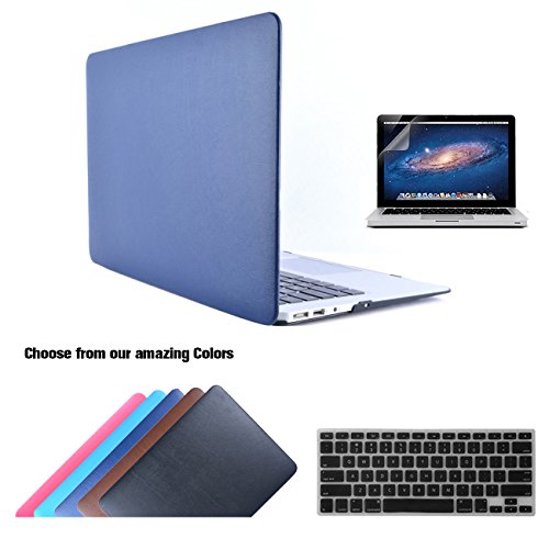 Macbook Air 11 Hülle Case Tastaturschutzfolie Displayschutzfolie 3 in 1 Kit, TECOOL [Ultra Dünn Serien] Leder Hartschale Schutzhülle Case für MacBook Air 11.6 Zoll Modell: A1370 und A1465 - Dunkelblau