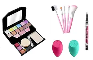 MAONHJIT Womens and Girls Tya 5024 Multicolour Makeup Kit and 5 Pink Makeup Brushes Set, 1 36H Waterproof Eyeliner Pencil with 2 Multicolour Beauty Blenders - (Pack of 9)
