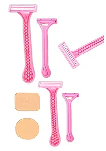 TopFinder Set of 4/pack with |2pc Makeup Puff| -Best Hair razors Removal Mini shaver Remover Spring Threading Face for ladies Cheeks Facial Eyebrow legs arms shaving blades DIY Make up Women Girls ladies Care Kit