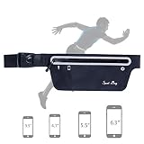 Wasserresistente Ultra Thin Elastische Gürteltasche, Alfort Unisex Sport Hüfttasche Flache Bauchtasche mit Kopfhöreranlass Geeignet für iPhone 7 / 7 Plus, Samsung Galaxy S8 / S8 + , Sony Xperia / Huawei / Android etc alle Handys unter 6,3 Zoll, Laufen Handytasche mit reißverschluss, Reflektierenden Streifen für Nachtsichtbarkeit für Fitness Jogging Fahrradfahren Sporttasche (Schwarz) - 