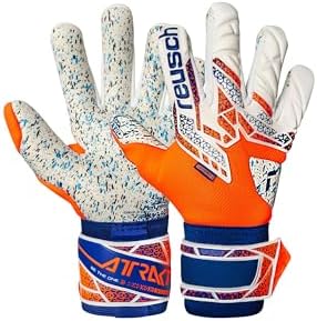 Reusch Guanti da portiere attraenti Fusion, antiscivolo e traspiranti, da uomo e da donna, per adulti, adatti per tutte le condizioni atmosferiche e superfici di gioco, colore: arancione-blu, 7,5