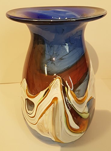 Vase ovale Form, bauchige farbige moderne Glasvase bunte dekorative Blumenvase mit Dekor aus farbigem Glas, mehrfarbig blau-beige marmoriert Tischdekoration mundgeblasen Höhe ca. 19-21 cm Oberstdorfer Glashütte - 6