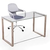 Preciosa mesa escritorio cristal de estudio ideal para el despacho, el estudio o la oficina. Patas metálicas hidrografiadas y lacadas color madera roble (oak)