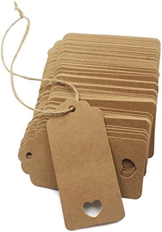 Aknifetoo 100PCS Gift Tags, Brown Kraft Rectangular Hang Tags with Heart-Shaped Hole for DIY Decoration, Price Label, Bookmarks,Wedding