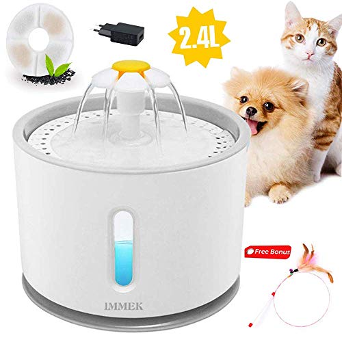 IMMEK Fontaine à Eau pour Chat Chien,Fontaine à Eau pour Chat et Chien Fleur avec Filtre et LED Lumineuse,2.4L Fontaine de Filtre Silencieuse Pompe à Eau Distributeur de l'eau Recyclable pour Animaux