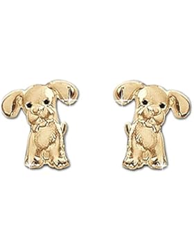 CLEVER SCHMUCK Goldene kleine Ohrstecker Mini Hund 6 mm mit schwarzen Augen matt und glänzend für Kinder 333 Gold...